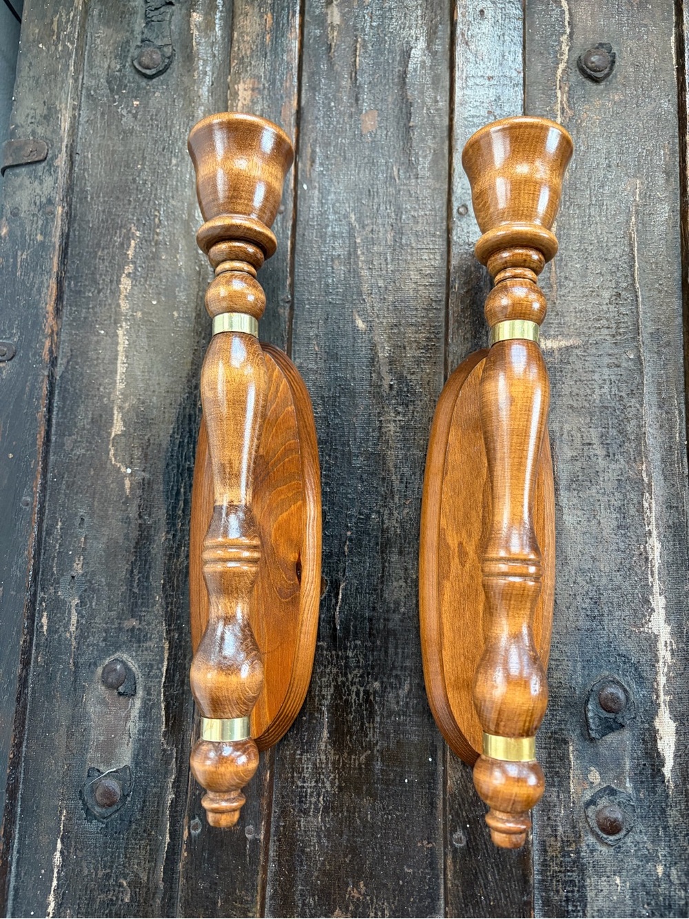 Vintage Wooden Wall Sconces Candleholders Set Of 2
